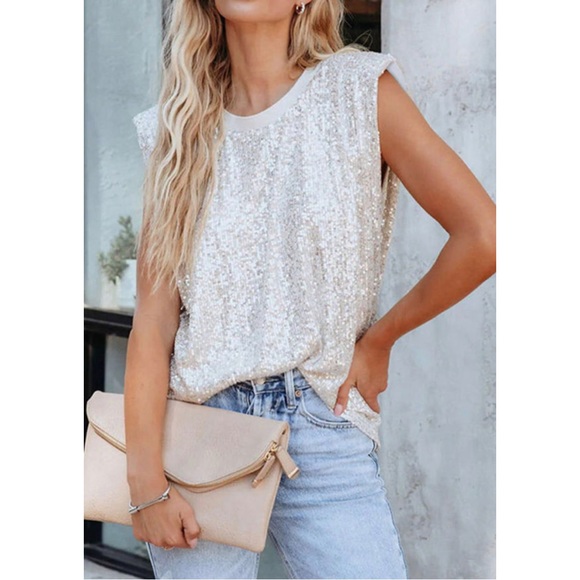 Silver Sequin Cap Sleeve Top - Picture 2 of 7